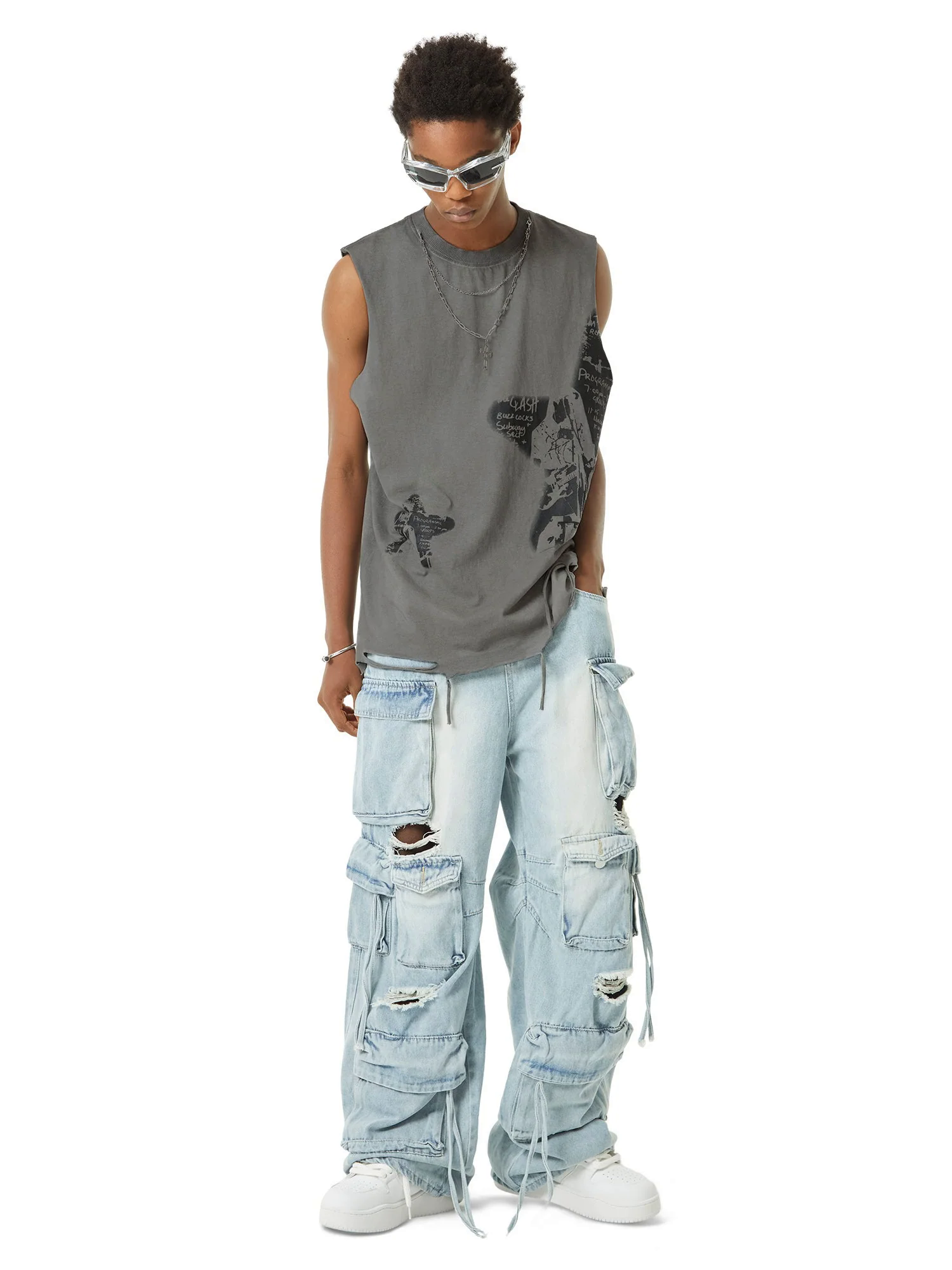 Vintage Necklace Star Print Hip-hop Tank Top - 2070