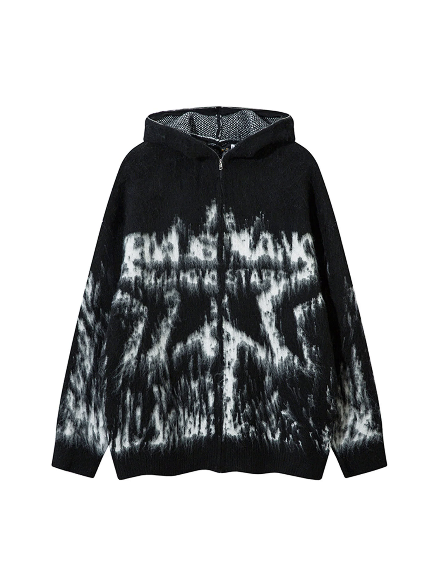 Star Mohair Fuzzy Hooded Zip Up Sweater