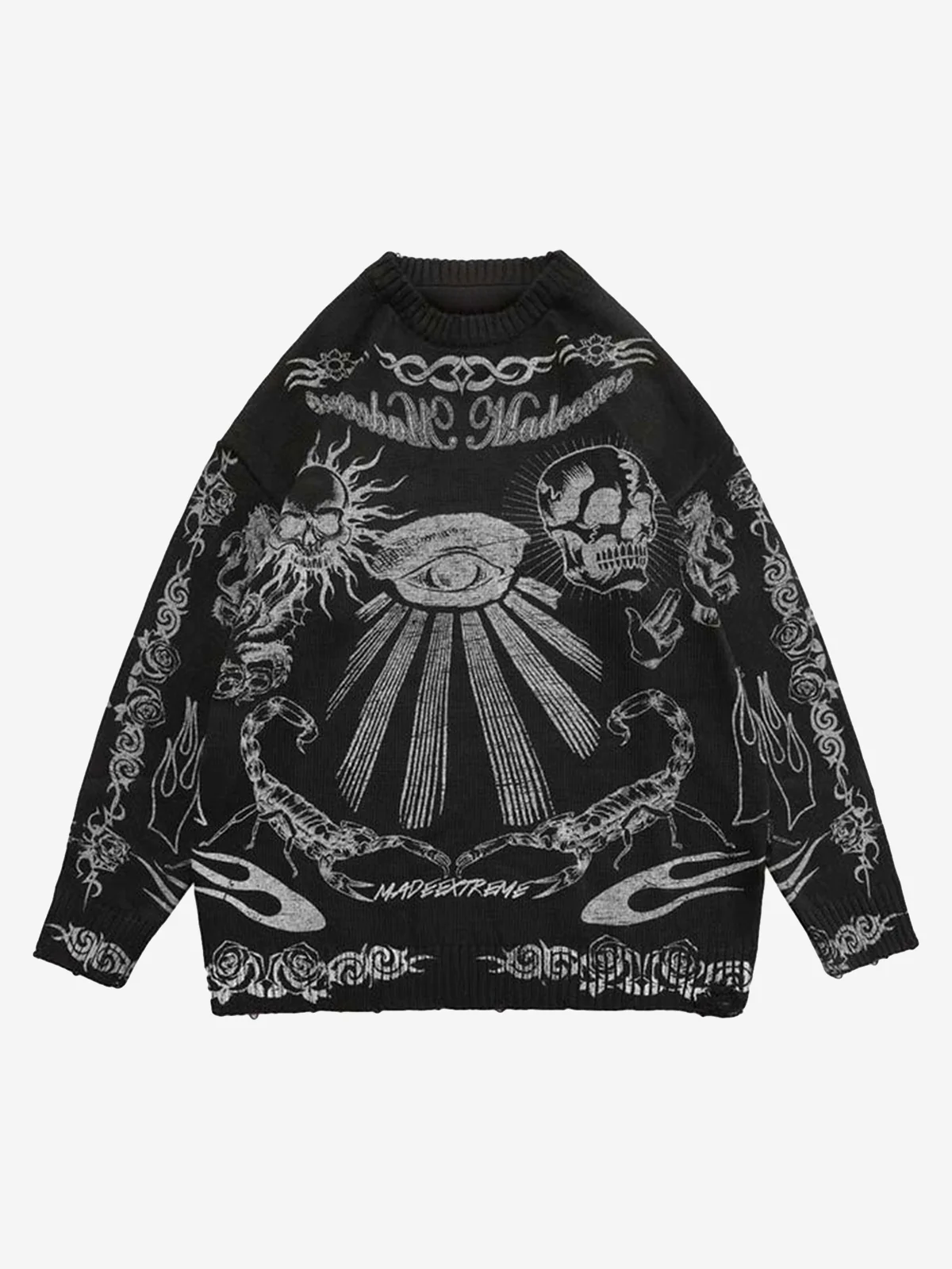 Skull Print Distressed Sweater - 1002